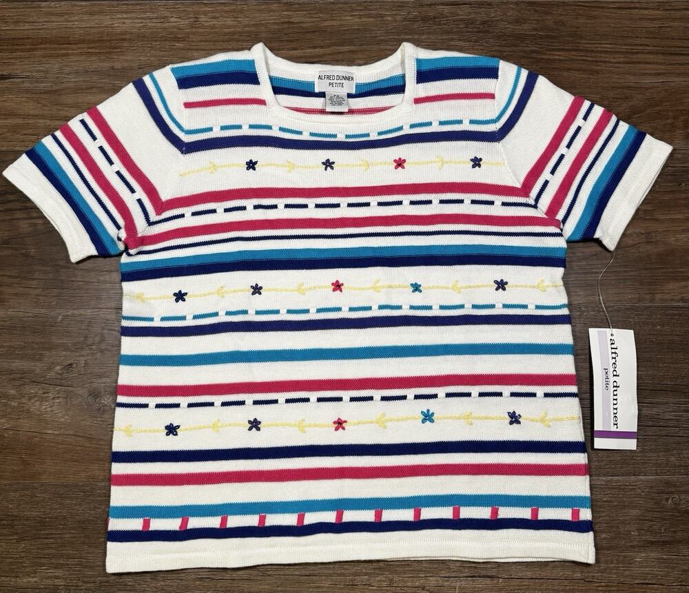 Alfred Dunner Women’s Petite Small Striped Floral Embroidered Knit Top NWT